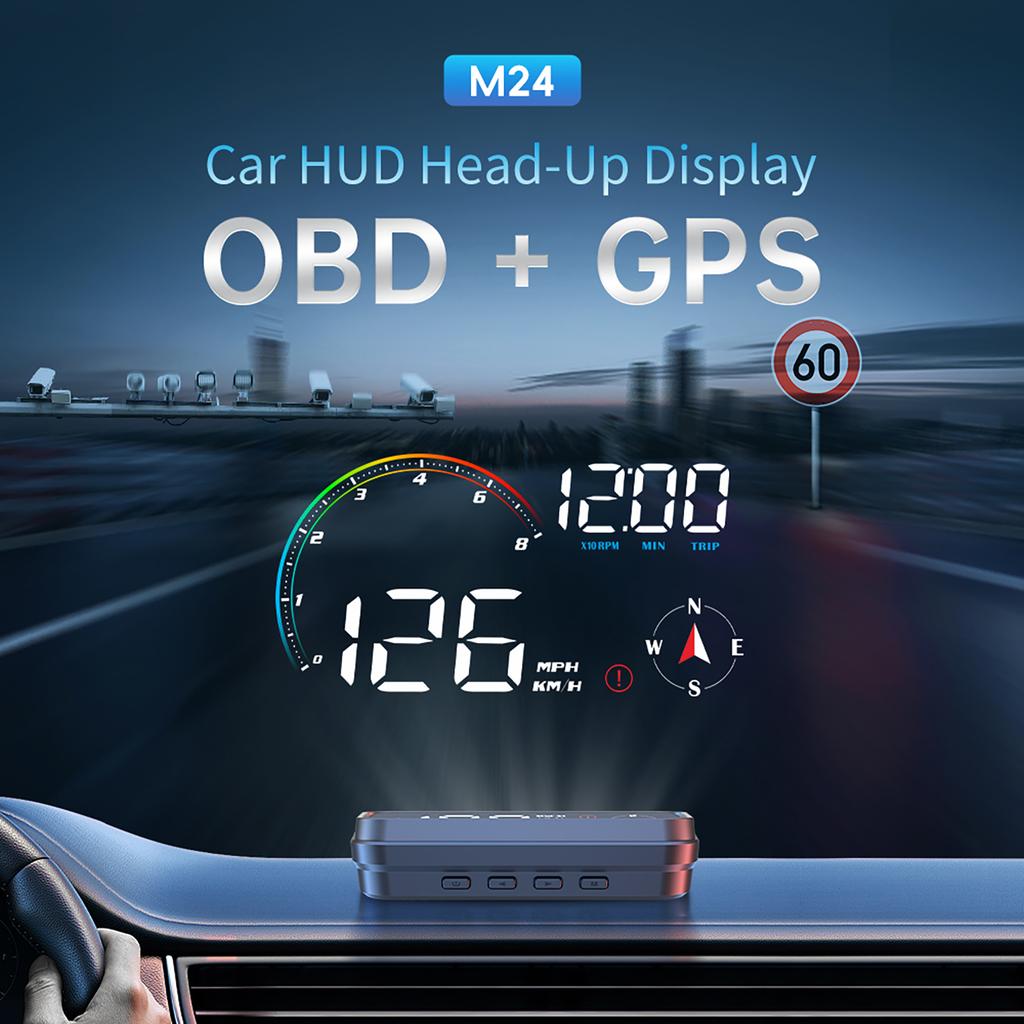 M24 GPS+OBD Car Head Up Display On Computer Speedometer Voltmeter RPM Fuel Level Water Temp Compass Car Accessories With Alarm