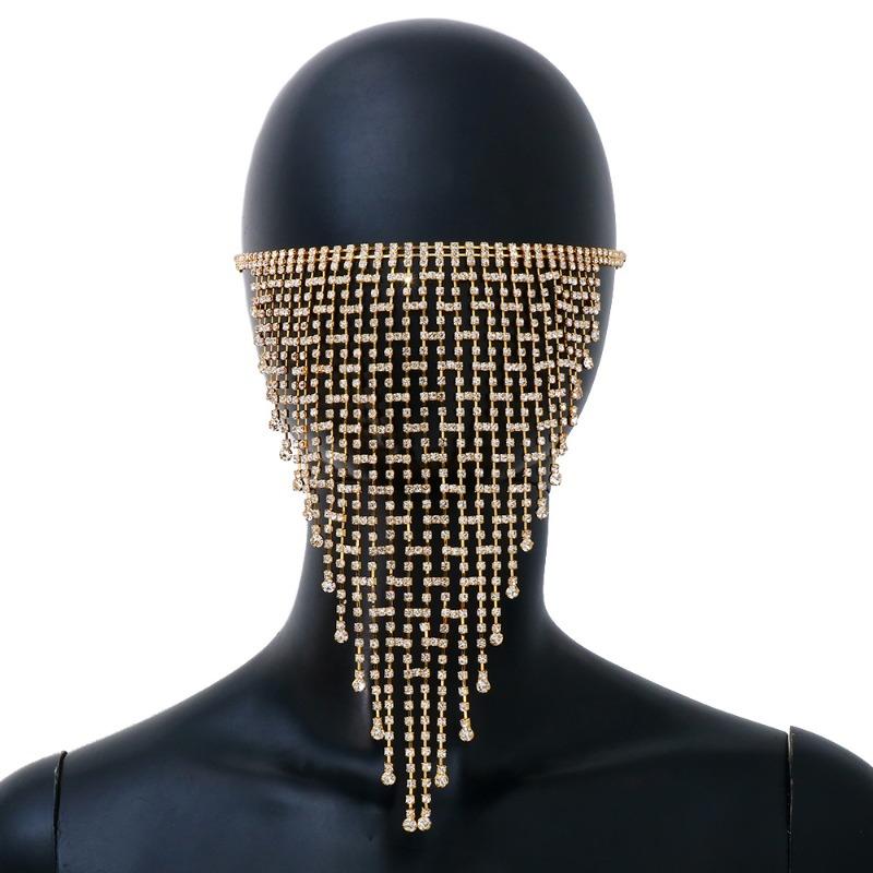 European and American Fashion Rhinestone Mask Female, Sexy Exaggerated Grid Hollow Tassel Decoration