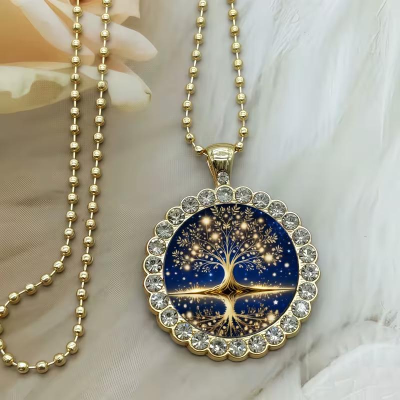 Tree of Life Pendant Necklace Retro Gold Round Lace Glass Painted