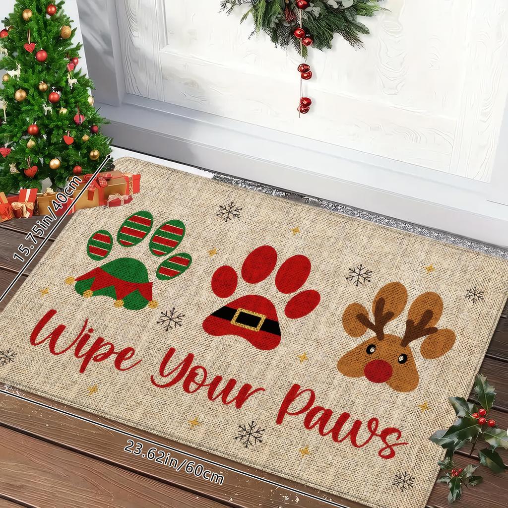 Paw Print Reindeer Christmas Doormat Non-Slip Washable Entrance Rug Indoor Outdoor Winter Home Decor Mat
