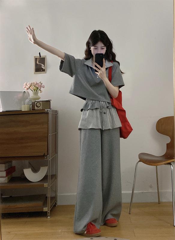 Plus Size Summer Korean Style Striped Top & Wide-Leg Pants Two-Piece Set