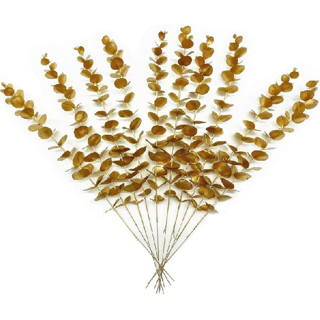 PASYOU Fake Leaves Plants for Christmas Decor, Gold Artificial Shrubs Grass Foliage Plastic Bulk Leaf Indoor Outdoor Home Garden Party Hotel Verandah