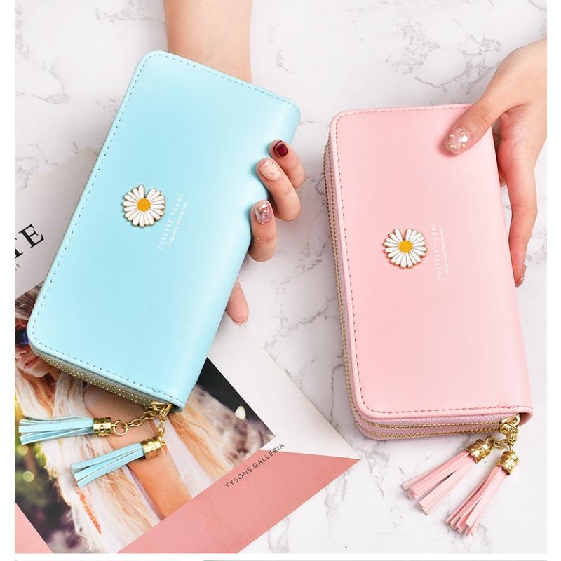 Koreansk version pung til kvinder, lang og stor kapacitet håndtaske, lille daisy dobbeltlag lynlås simpel telefon taske