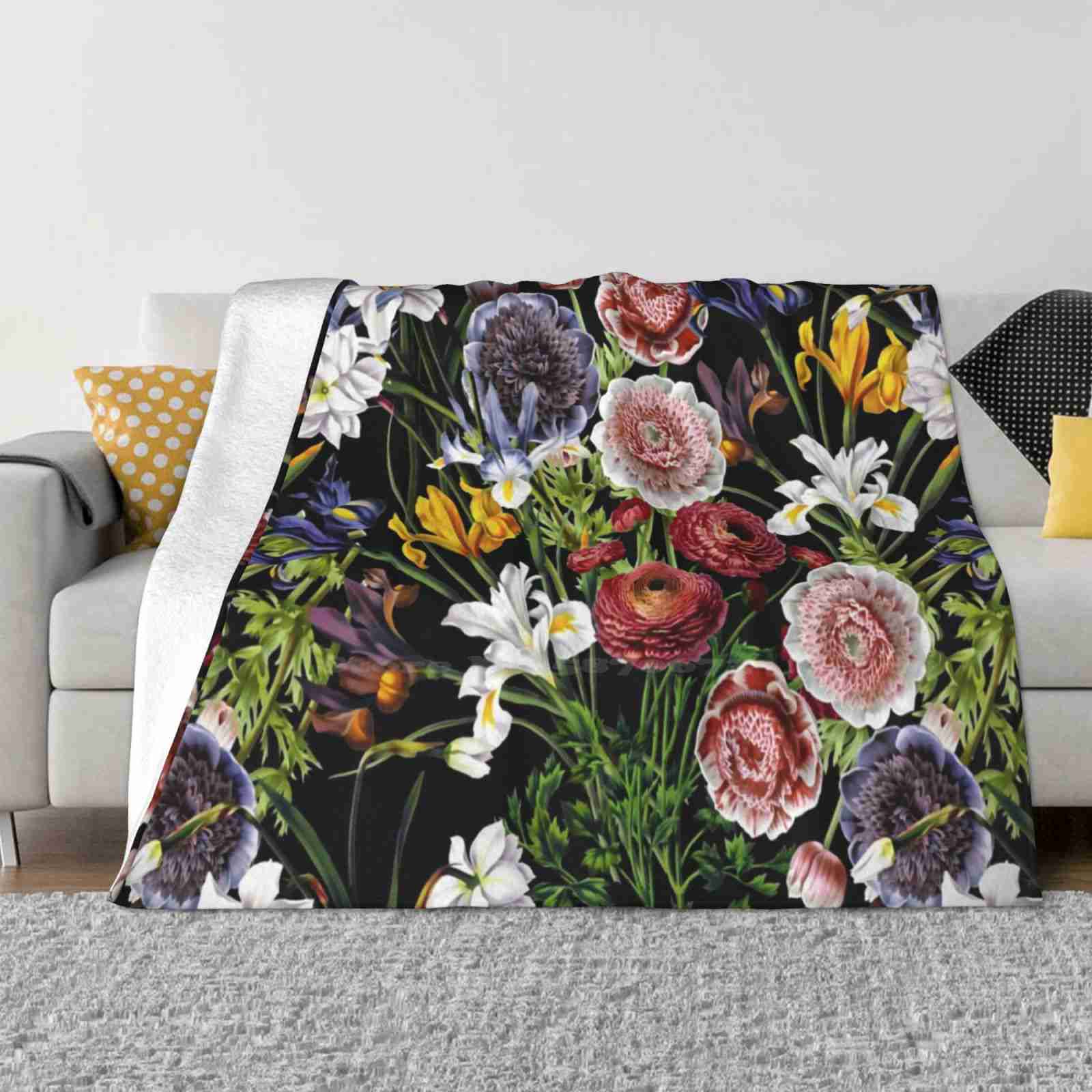 

Victorian Flower Pattern Botanical Night Garden On Black Trend Style Funny Fashion Soft Blanket Flower Floral Botanical Vintage 30x40in