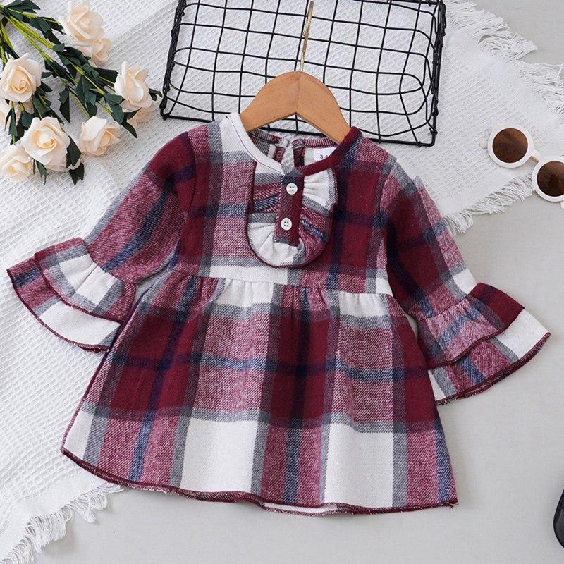 

Детское платье Клетчатое платье для девочек Повседневное детское платье с круглым вырезом и длинными рукавами