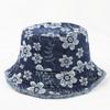 Flower Embroidered Denim Fisherman Hat Frayed Brim Sunscreen Sun Cap Cowboy Bucket Hats  Travel