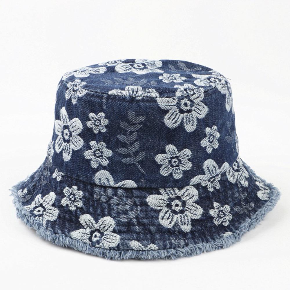 Flower Embroidered Denim Fisherman Hat Frayed Brim Sunscreen Sun Cap Cowboy Bucket Hats  Travel
