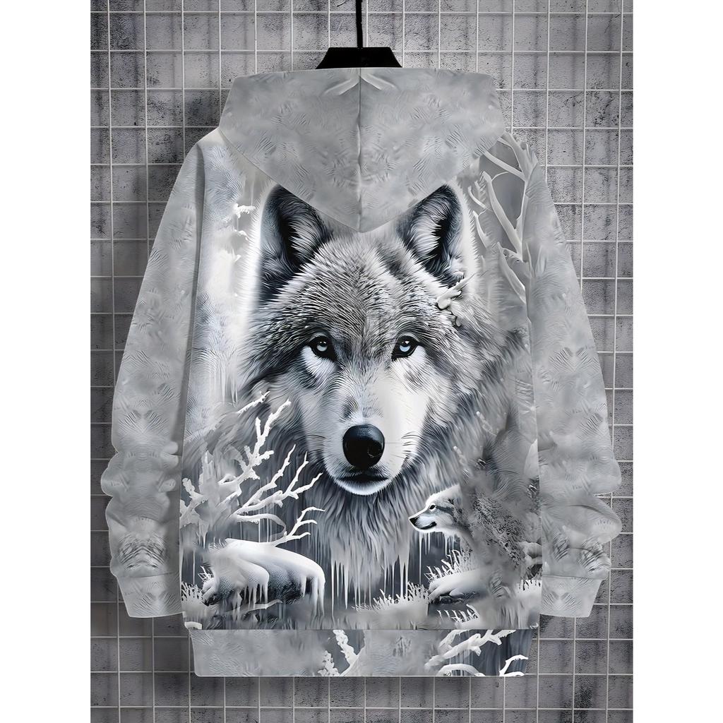 Kapuzensweatshirt für Jungen mit Wolfsmuster im 3D-Druck, lässige Alltagskleidung für Frühling und Herbst