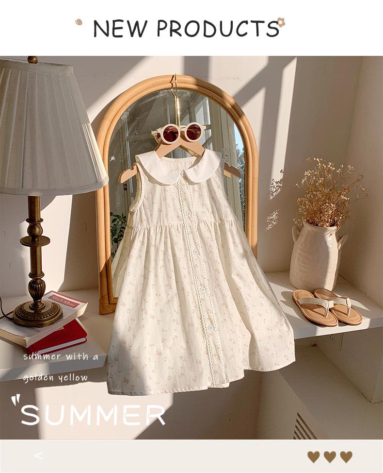 Korean Style Girls' Floral Dress - Summer 2026 Cotton Lace Sleeveless with Doll Collar