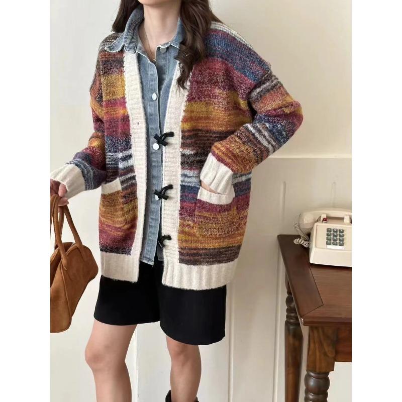 

Retro lazy wind contrasting color splicing denim knitted cardigan women s autumn and winter new loose design sweater jacket women One size