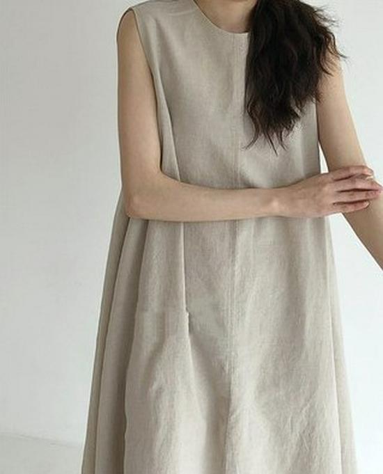 Korean Chic Pumpkin-Colored Sleeveless Cotton Linen Swing Dress