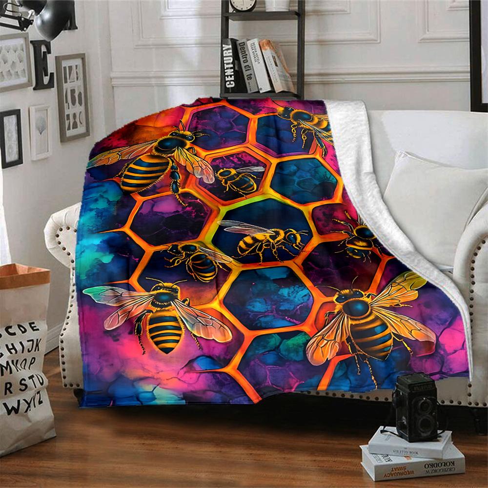 1pc Bee Hive Blanket, Lightweight Flannel Throw Blanket for Sofa, Bed, Travel, Camping, Living Room, Office, Couch069