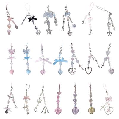 Handmade Bowknot Phone Chain Heart Pendant Keychain Rose Flower Charm Phone Lanyard Straps Acrylic Keyring Bag Ornament