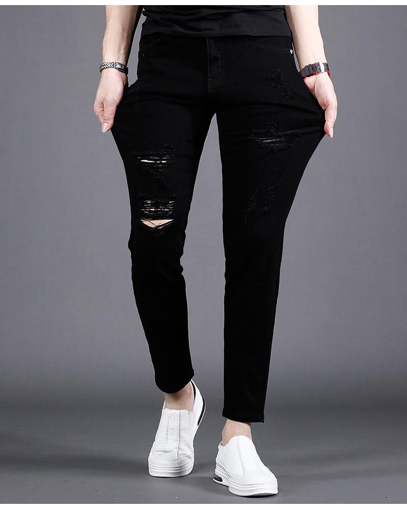 New 2024 Men's Slim-Fit Skinny Nine-Point Black Ripped Jeans for Spring/Summer.