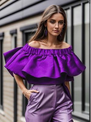 Purple Shiny Blouses Off Shoulder Tops Women Slash Neck Ruffles High Street Summer Evening Cocktail Shirts Plus Size