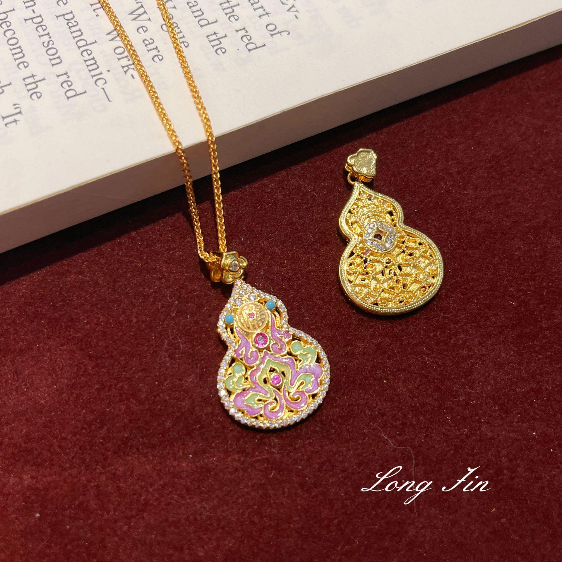 National Style Enamel Craft Gourd Necklace Sweater Chain Painted Niche Design Light Luxury Double-Sided Pendant