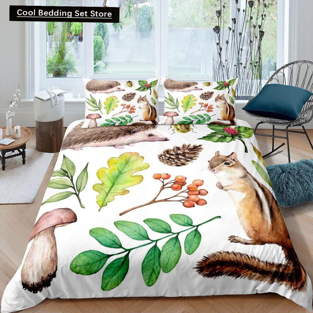 3D Squirrel King Queen Duvet Cover Soft Wildlife Green Leaves Bedding Set for Kids Teens Adults 2 3pcs