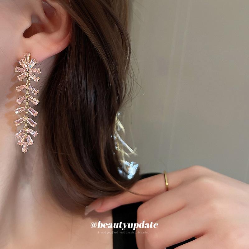 Silver Needle Korean Style Pink Zirconia Butterfly Tassel Stud Earrings - Luxurious and Exquisite Accessories for Women