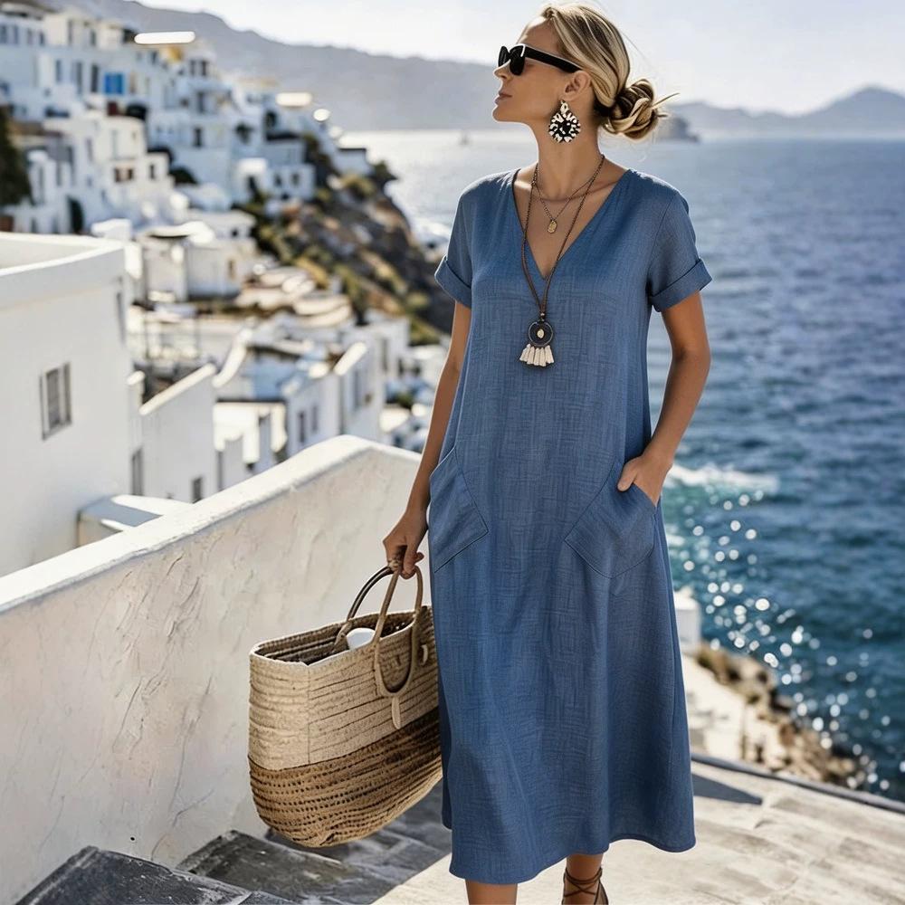 Amazon 2026 Temperament Short-sleeved V-neck Pocket Pendulum Loose Casual Vacation Style Long Dress