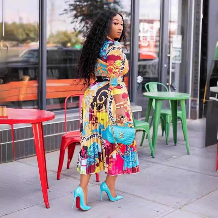 New spring and summer dress African printed bow collar seven-quarter sleeve medium and long dress large size women's clothing