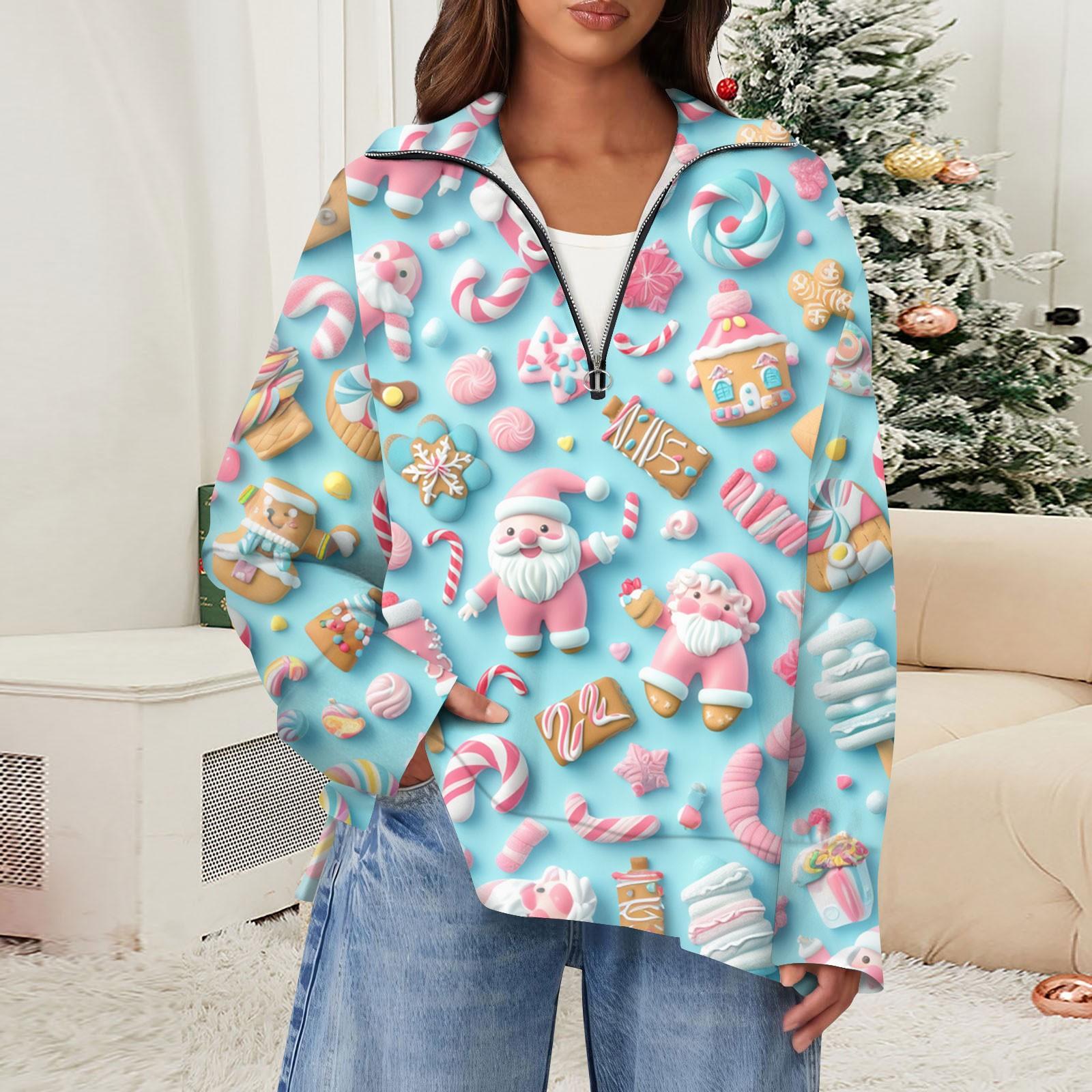 Женская повседневная полумолния с лацканами и рождественским принтом — фото 6