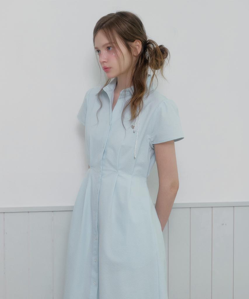 Teuwi D-Ring Open Collar Seersucker Pintuck Long Dress