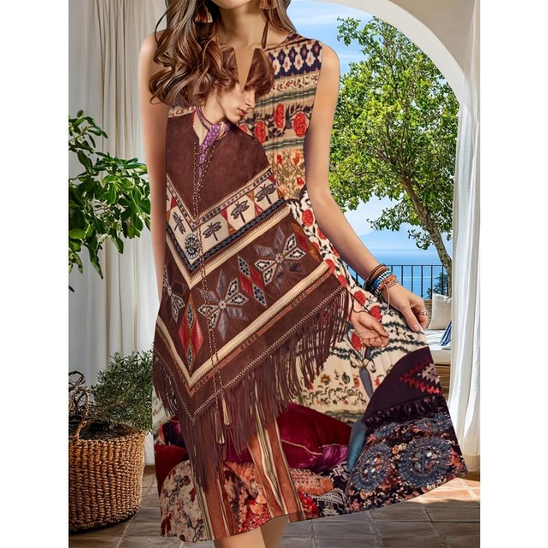 Sleeveless V-Neck Dress for Women Featuring Ethnic Prints And a Fringed Hem