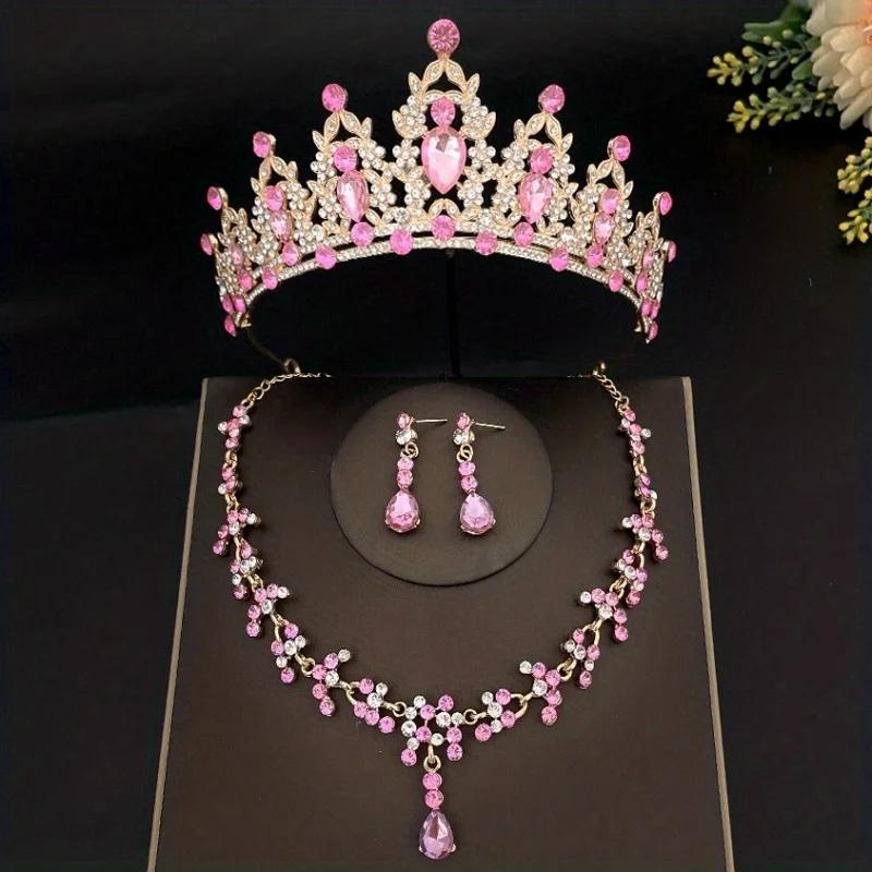 3pcs/set Crystal Bridal Tiaras And Crowns Earrings Necklace Jewelry Set For Women Bride RhinestoneWedding Hair Accessories Crown