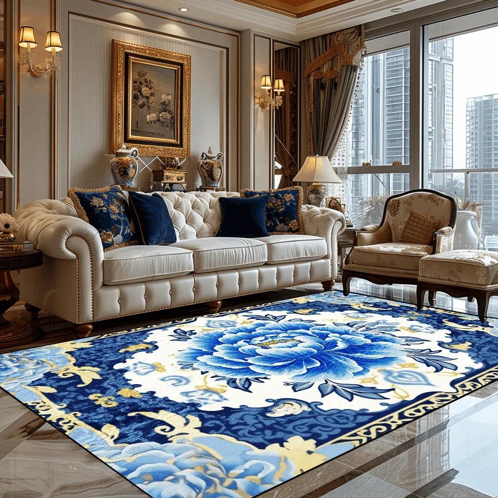 Deluxe European Style Carpet for Living Room Blue Home Decor Bedroom Tea Table Soft Rug Washable Short Plush Lounge Floor Mats