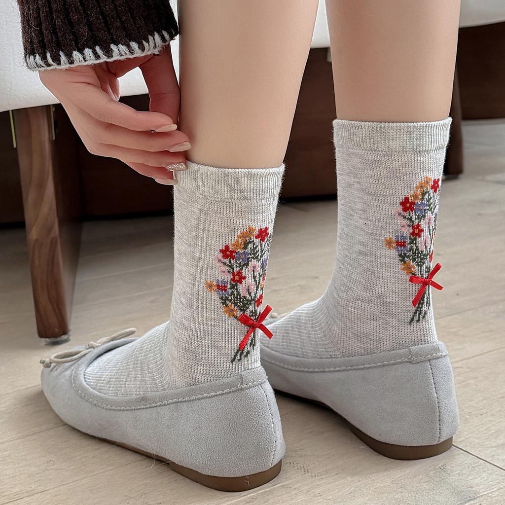 Sock - Spring/Summer Lightweight Printed Flowery Padded Stockings with Butterfly Knots - Mid-Calf Cotton Stockings for Country Style Long Trousers
