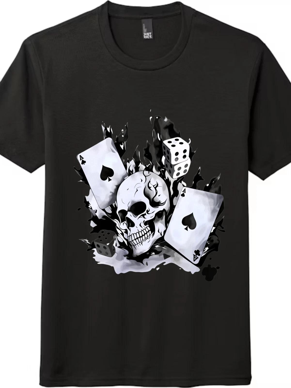 Unisex Skull Ace Dice Graphic T-Shirt-Edgy Dark Vintage Poker Biker Casual Tee 3XL