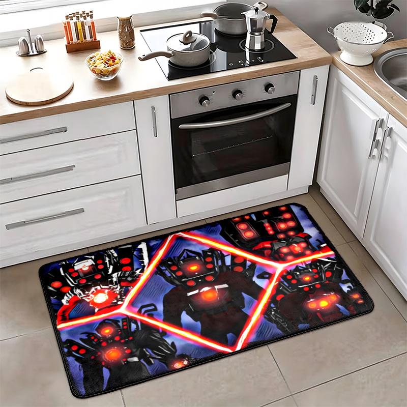 Skibidi Toilet Flannel Kitchen Floor Mat Absorbent Non-Slip Soft Standing Mat Washable Comfortable Kitchen Rug for Home Sink Laundry