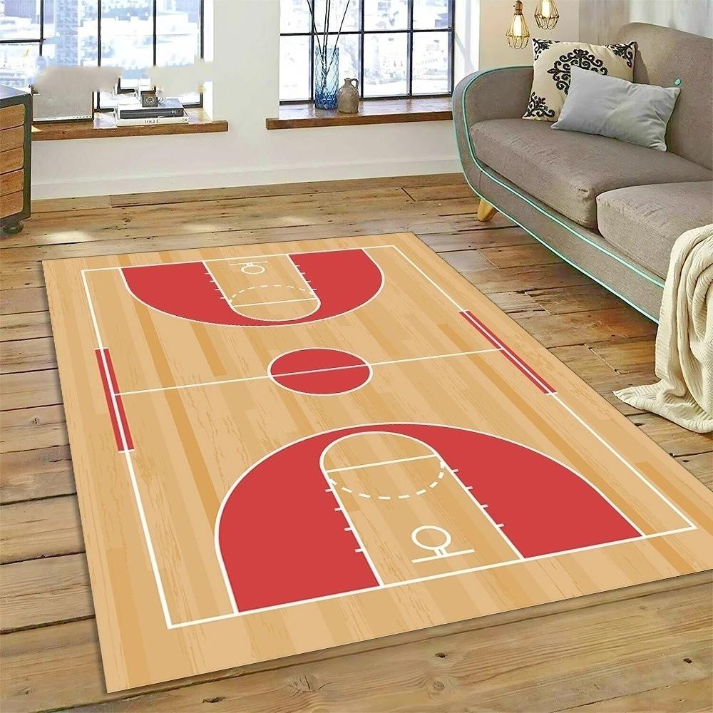 Basketball Court Pattern Carpet Mat Non-Slip Rug HomeDecoration for LivingRoom Floor Mat Brown OrangeWood Color Sports Theme Rug