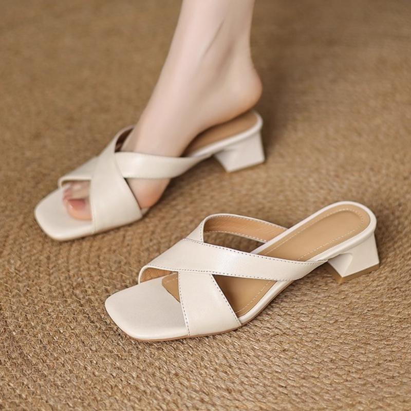 Fashion Cross Tied Design Brand High Heel Slippers Women Comfortable Concise Square Toe Slide Sandals Summer Sexy Open Toe Beach Sandals