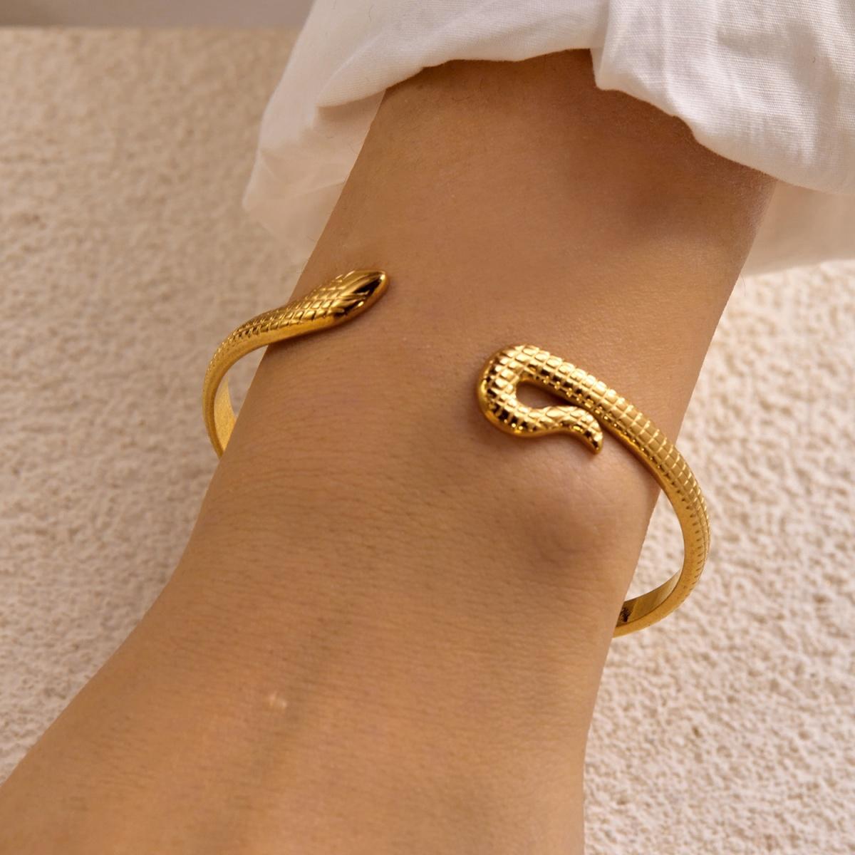 Stainless Steel Textured Snake Hollow Leaf Heart Spliced Open Cuff Bracelets For Women Men Trendy Geometric Bangle Punk Zircon