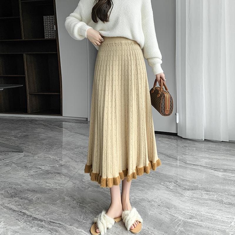 

Трикотажная длинная юбка женская зимняя теплая юбка миди женская элегантная повседневная плиссированная юбка женская корейская мода высокая талия юбка трапециевидной формы One Size хаки