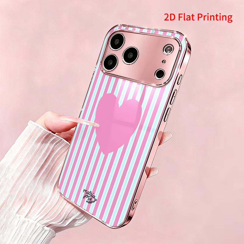 2DFlat electroplated tempered glass phone case,Pink Heart on Pastel Stripes,suitable for iPhone 18 Pro Max 17 16 15 14 13 12 11