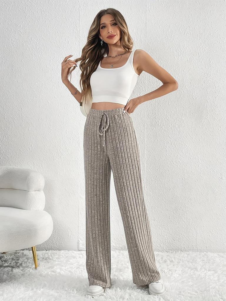 2025 Women's Loose Elastic Waist Ribbed Knit Straight Leg Pants