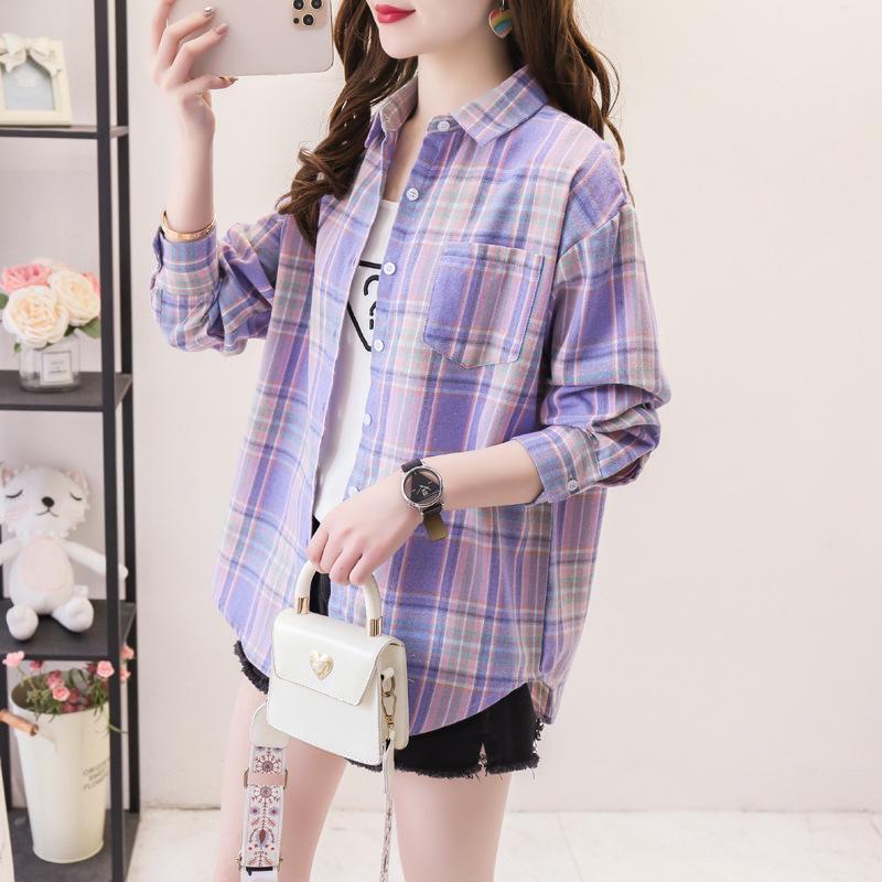 Camisa holgada de manga larga a cuadros para mujer, estilo coreano, chaqueta informal y versátil para estudiantes para primavera y otoño, talla grande, algodón