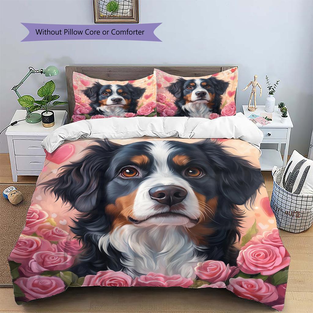 Rosa Berner Sennenhund Muster Bettwäsche Heimdekoration Geburtstagsgeschenk (1 Bettbezug + 2 Kissenbezüge, ohne Füllung)