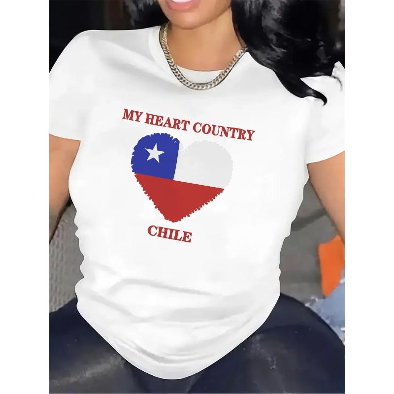 European sizes Casual T-Shirt with Short Sleeves, Showcasing a Heart Design of The Chilean Flag, Perfect for Dining Out Or Relaxing at Home S