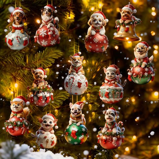 12 Pcs Wooden Christmas Ornaments Cartoon Cat/Dog On The Ball Christmas Hanging Decorations for Xmas Tree Car Window Decor