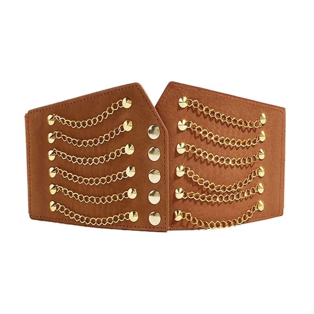 Wide Lace Chain Rivet Corset Belt Stretchy Elastic Punk Style Elastic Waistband Y2k High Waist Women s Cummerbunds кофейный