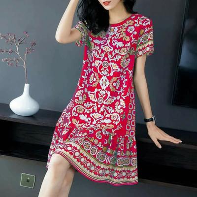 Summer Lady Dress Round Neck Half Sleeves Retro Print A-line Big Hem Knee Length Loose Casual Daily Wear Vacation Midi Dress