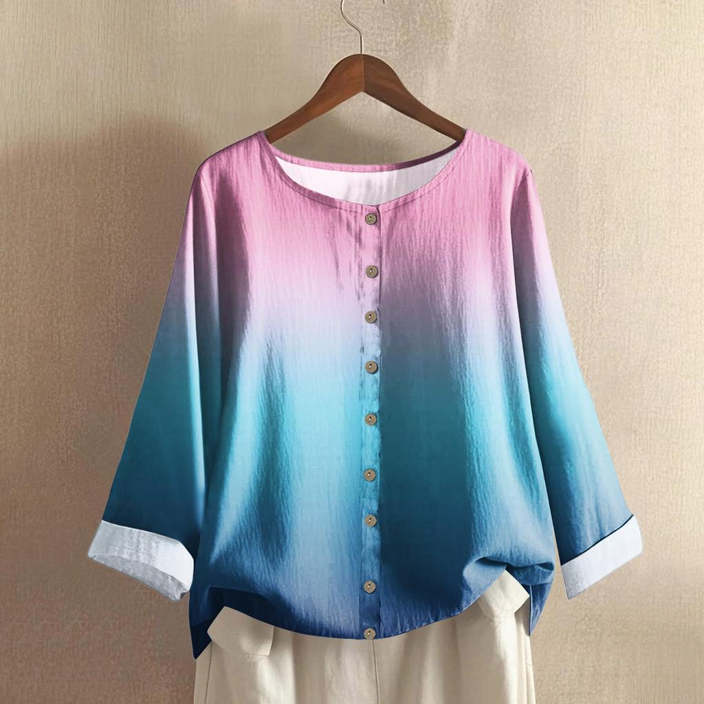Women's Casual Long-sleeved Round Neck Gradient Cotton And Linen Top