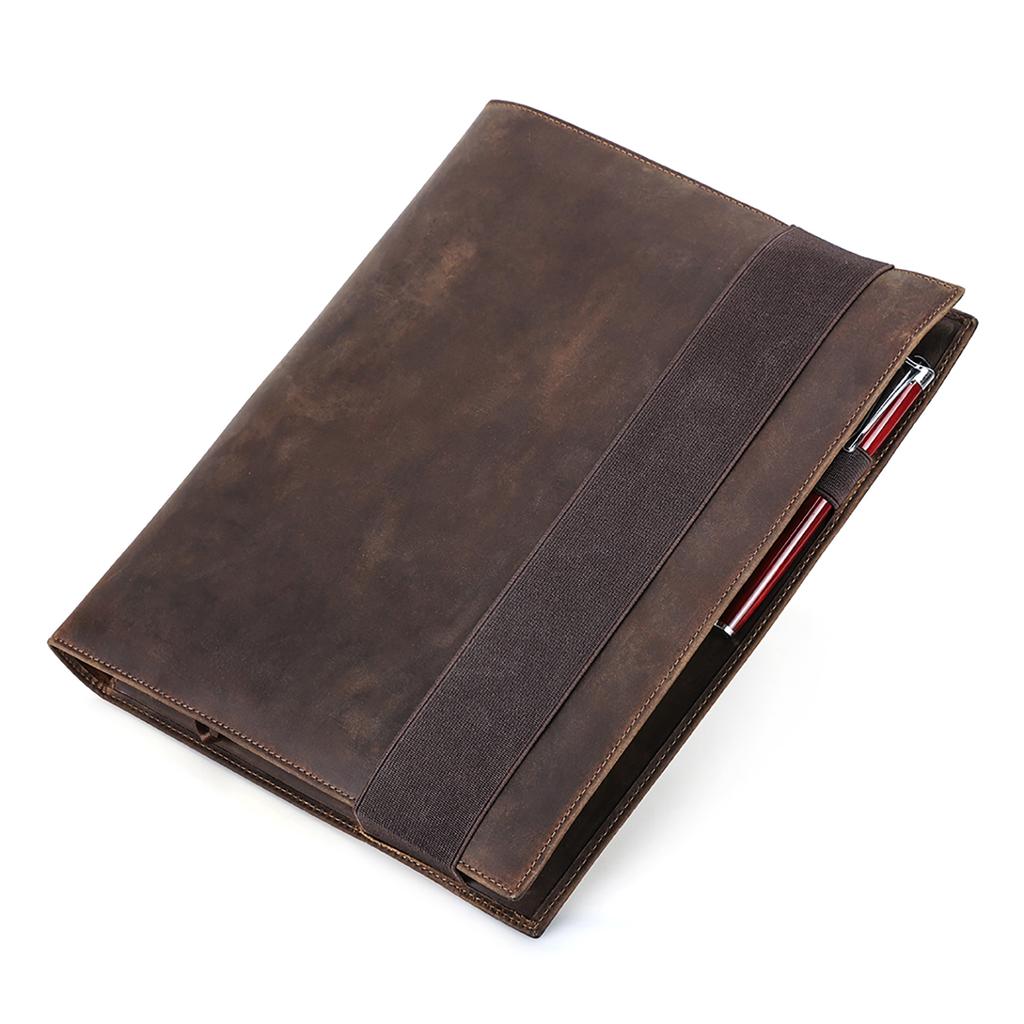 Custom RFID A4 Crazy Horse Leather Notebook Cover 13in iPad Pocket Card Slot Elastic Band 70-120 Sheets Folded Leaflet Binding