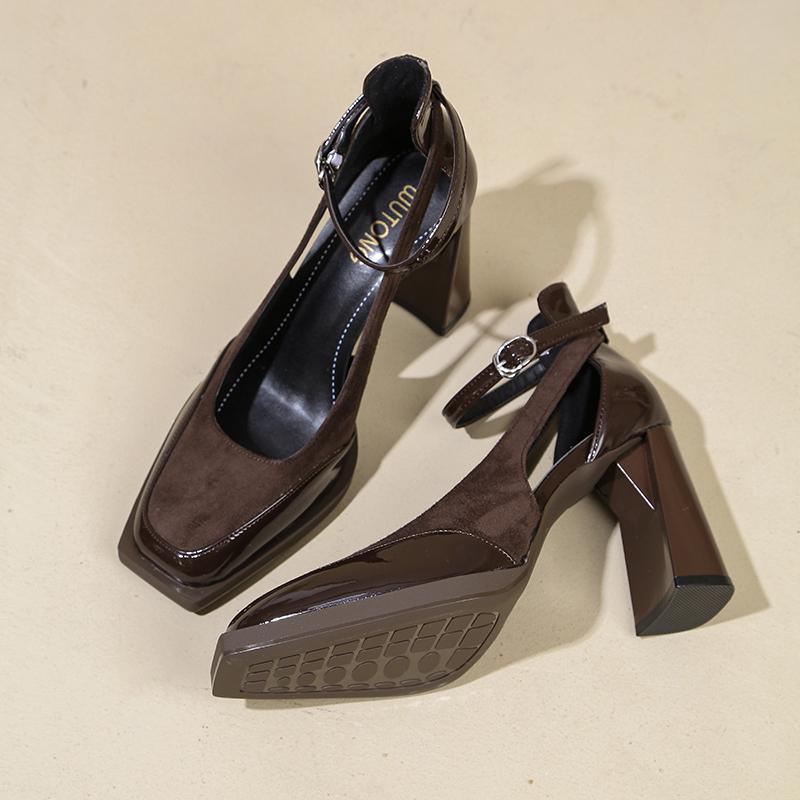 Retro Dziurkowane Platformy Szpilki Damskie Wiosna i Jesień Kwadratowy Nosek Słupkowy Obcas Jedna Klamra Mary Jane Pojedyncze Buty