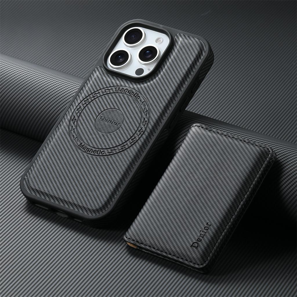 DENIOR For iPhone 16 Pro Max Magnetic Case Carbon Fiber Texture Leather Back Cover with Detachable Card Bag