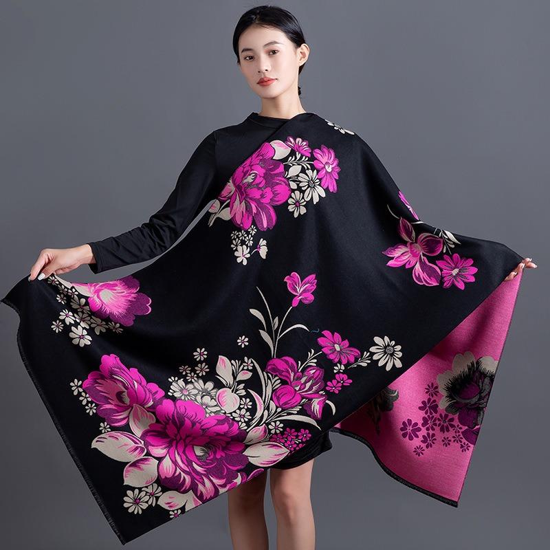Women S Warm Faux Cashmere Flower Jacquard Scarf Versatile Shawl