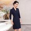 Tenuoman Damen Neues Chinesisches Stil Marineblaues A-Linien-Kleid mit Schal